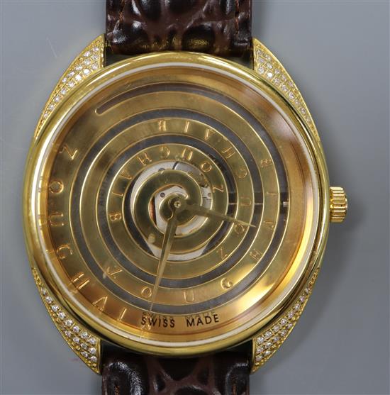 A gentlemans Zoughaib gilt stainless steel quartz wrist watch, with diamond set lugs.